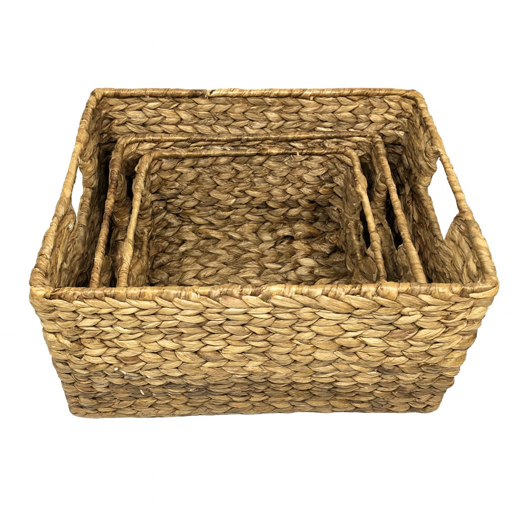 Natural Water Hyacinth Rectangular Storage Basket with Handles – Set Of 3-Eco-Friendly Home Organizer
